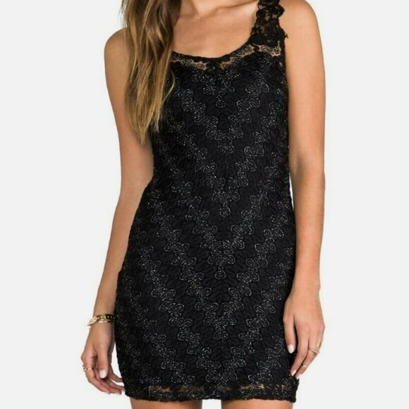 Free People Foiled Again Black Metallic Treaded Lace Bodycon Dress Black Size M - Picture 3 of 12